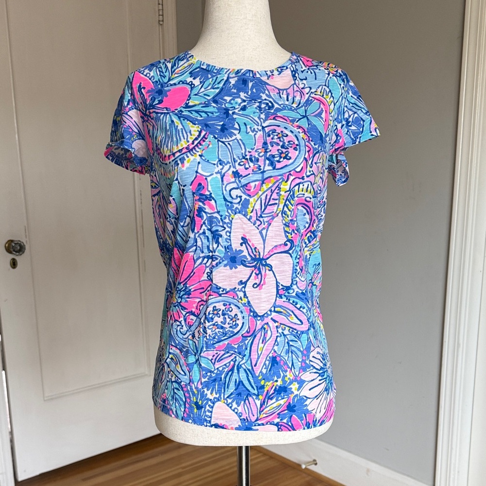 Lilly Pulitzer Multicolor Blue-Pink Floral Scoop Neck Tee